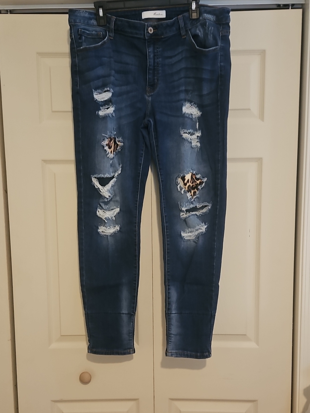 KanCan Dark Blue Skinny Jeans with Leopard Patch Distressing